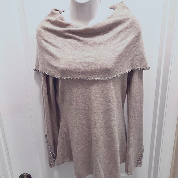 Colour Works-Women's Tan/Cream/Crystals/Beads/Studs Sweater-Off Shoulder-Festive - Picture 3 of 14